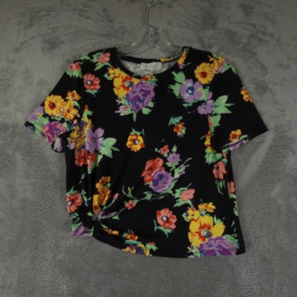 Wayf Shirt Womens Casual Black Floral‎ Short Sleeve Stretch Cutout Knot S New